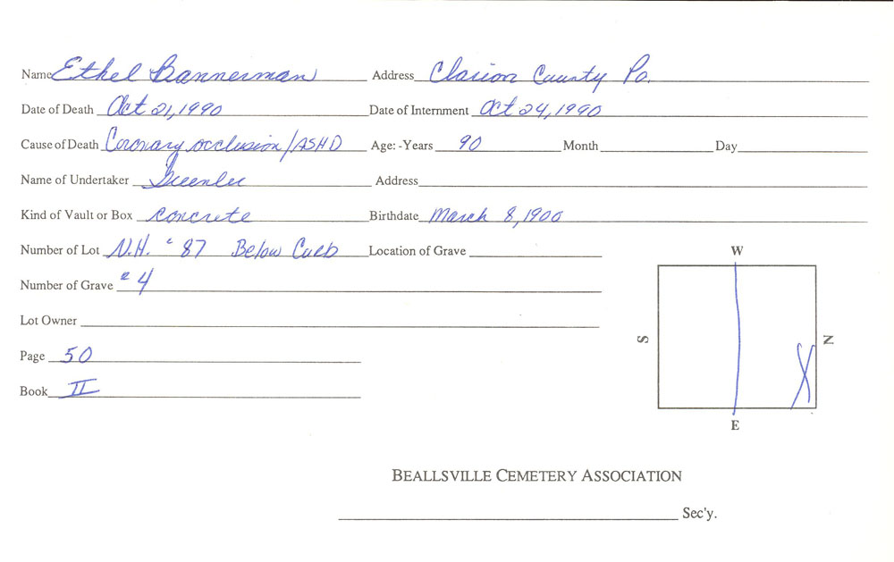 Ethel Bannerman burial card